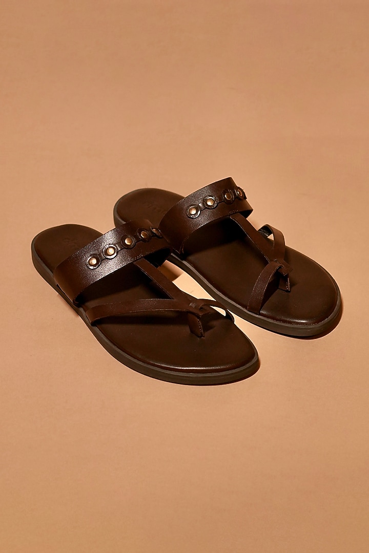 Espresso Brown Leather Rivet Stud Embellished Flats by Dmodot at Pernia's Pop Up Shop