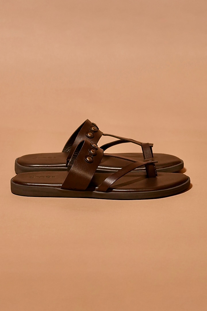 Espresso Brown Leather Rivet Stud Embellished Flats by Dmodot at Pernia's Pop Up Shop
