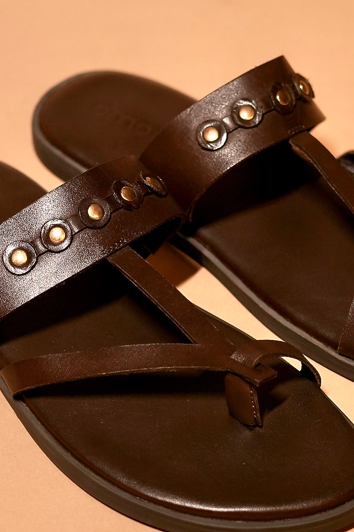 Espresso Brown Leather Rivet Stud Embellished Flats by Dmodot at Pernia's Pop Up Shop