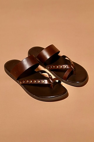 Deep Brown Leather Rivet Embellished Flats by Dmodot
