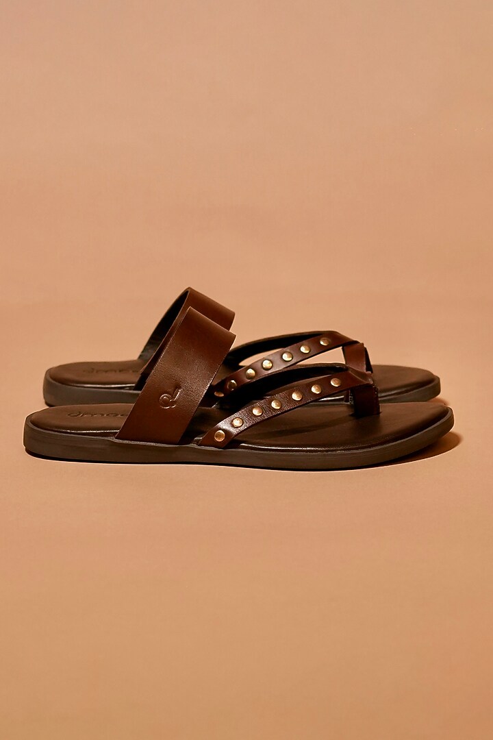 Deep Brown Leather Rivet Embellished Flats by Dmodot at Pernia's Pop Up Shop
