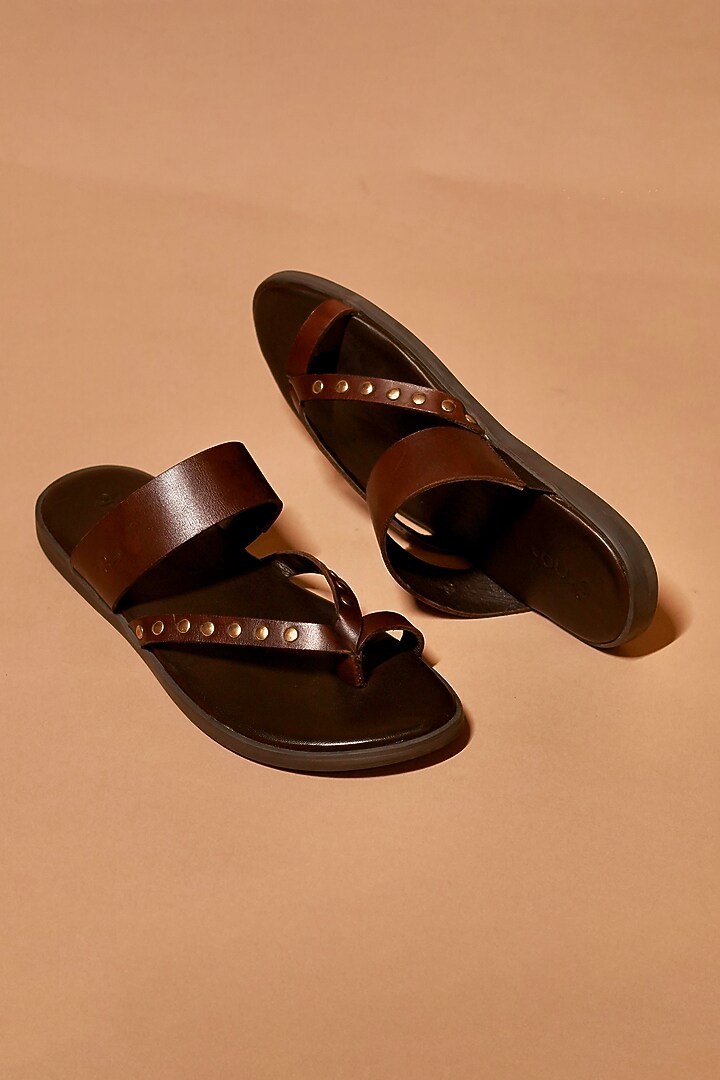 Deep Brown Leather Rivet Embellished Flats by Dmodot at Pernia's Pop Up Shop