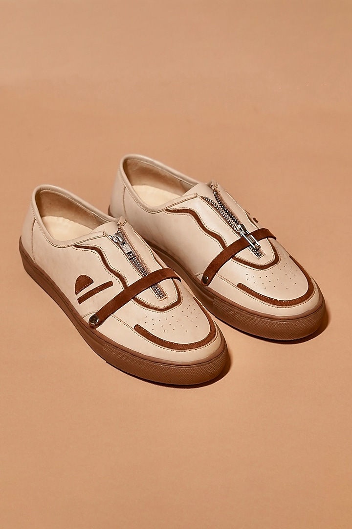 Mocha Leather Zipper Sneakers by Dmodot at Pernia's Pop Up Shop
