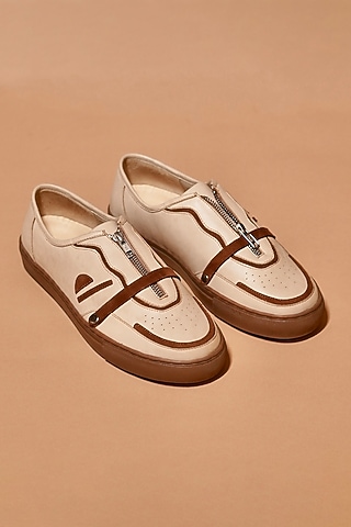 Mocha Leather Zipper Sneakers by Dmodot