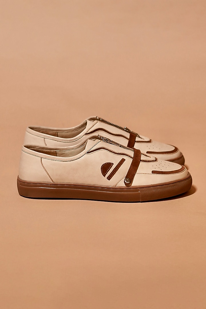 Mocha Leather Zipper Sneakers by Dmodot at Pernia's Pop Up Shop