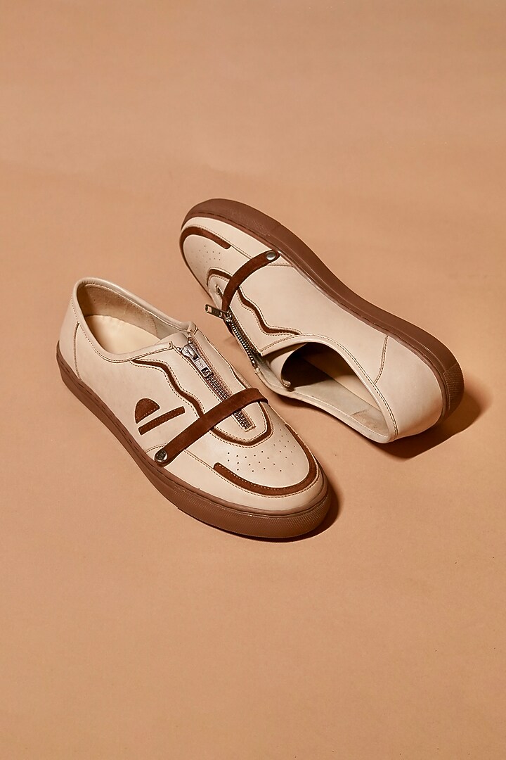 Mocha Leather Zipper Sneakers by Dmodot at Pernia's Pop Up Shop