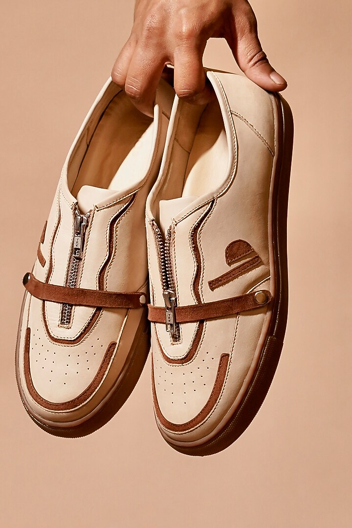 Mocha Leather Zipper Sneakers by Dmodot at Pernia's Pop Up Shop
