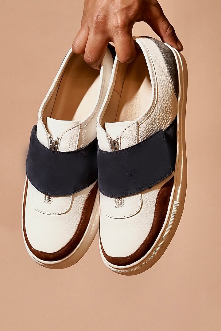 White & Navy Leather Zipper Sneakers by Dmodot at Pernia's Pop Up Shop
