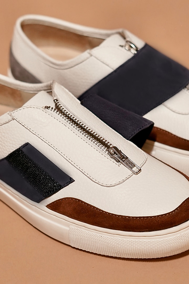 White & Navy Leather Zipper Sneakers by Dmodot at Pernia's Pop Up Shop