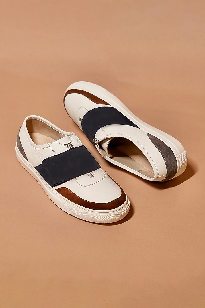 White & Navy Leather Zipper Sneakers by Dmodot at Pernia's Pop Up Shop
