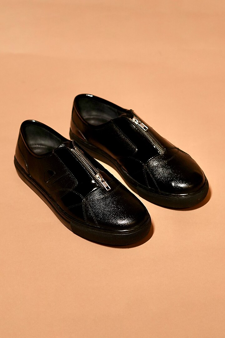 Black Leather Patent Zipper Sneakers by Dmodot at Pernia's Pop Up Shop
