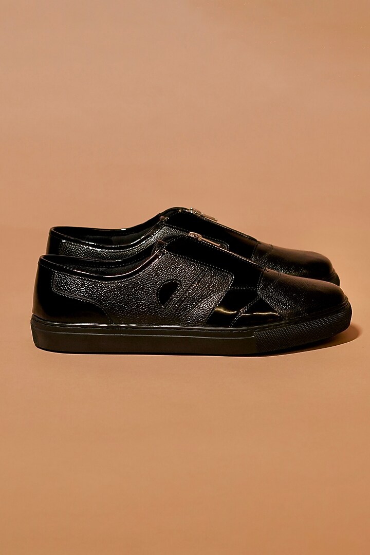 Black Leather Patent Zipper Sneakers by Dmodot at Pernia's Pop Up Shop