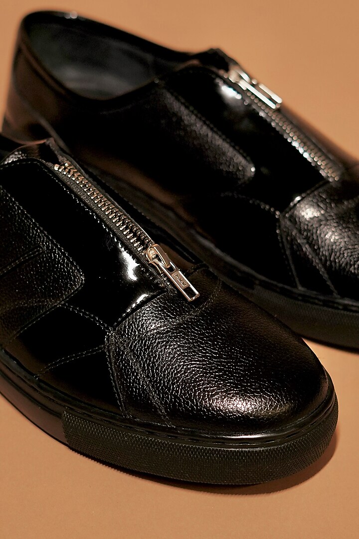 Black Leather Patent Zipper Sneakers by Dmodot at Pernia's Pop Up Shop