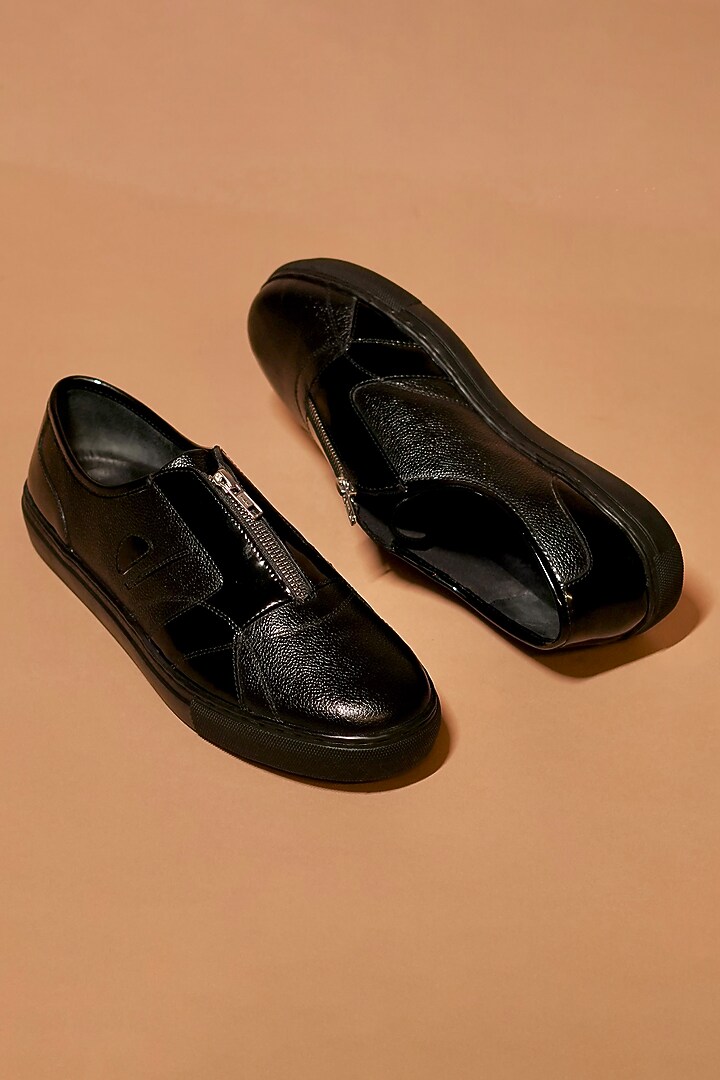 Black Leather Patent Zipper Sneakers by Dmodot at Pernia's Pop Up Shop