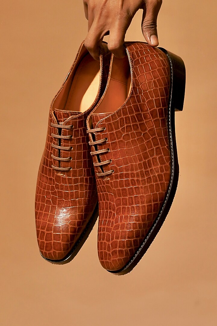Brown Leather Embossed Oxford Shoes by Dmodot at Pernia's Pop Up Shop