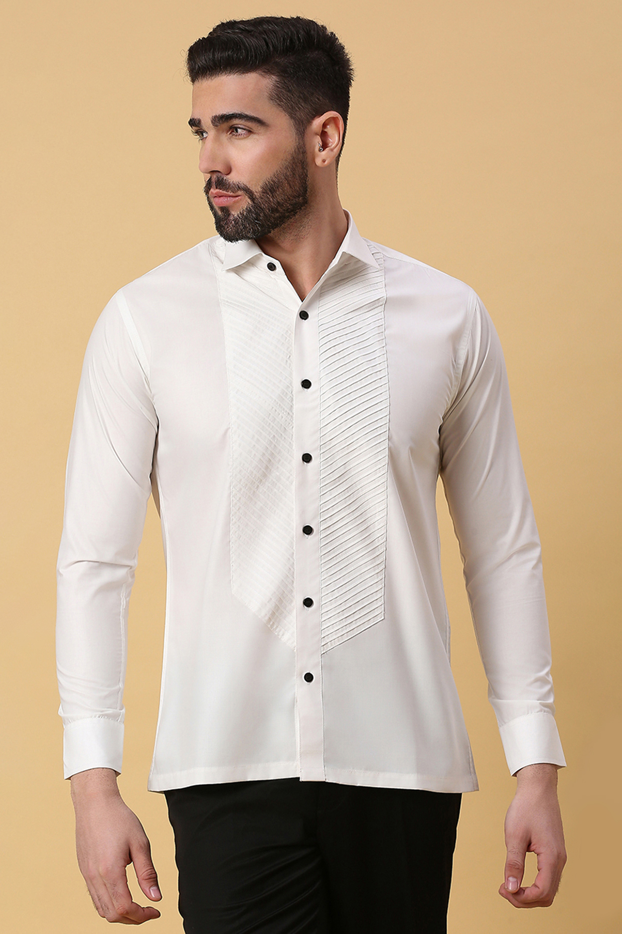 White Shirting Tuxedo Shirt by DMODE