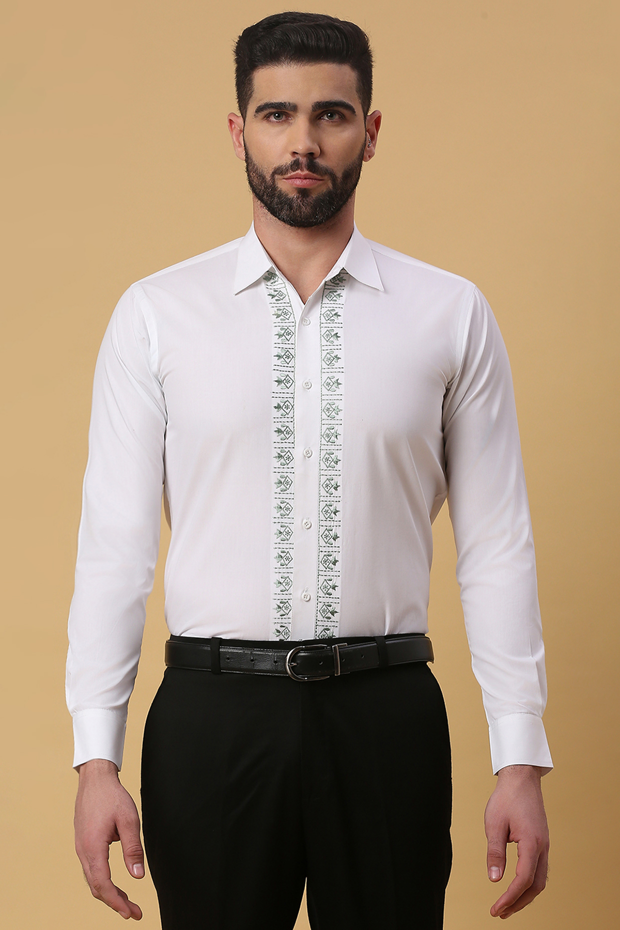 White Shirting Green Embroidered Shirt by DMODE