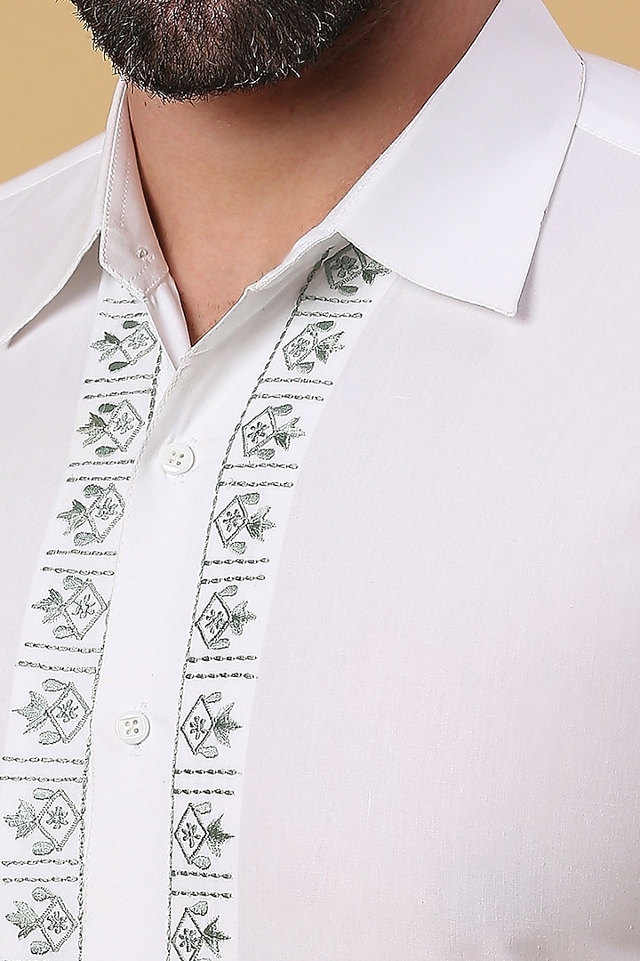 White Party Wear Shirting Green Embroidered Party Wear Shirt by DMODE at Pernia's Pop Up Shop