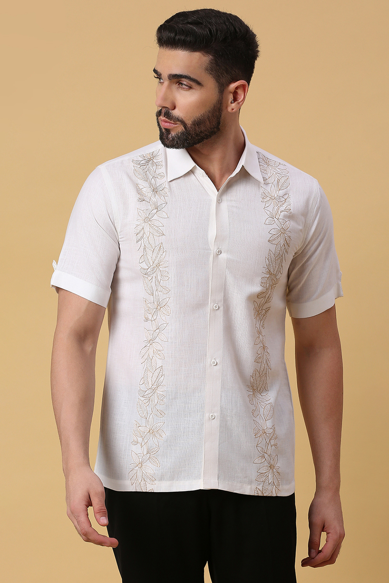 Off-White Linen Floral Embroidered Shirt by DMODE