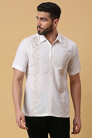Off-White Linen Floral Embroidered Shirt by DMODE