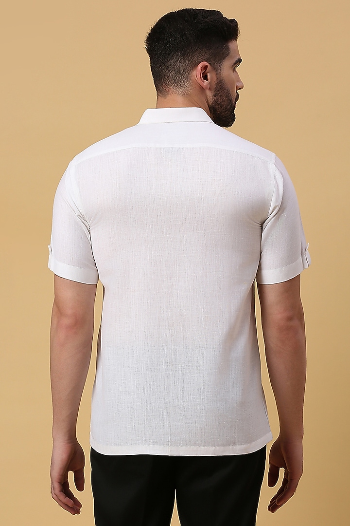 Off-White Linen Floral Embroidered Party Wear Shirt by DMODE at Pernia's Pop Up Shop
