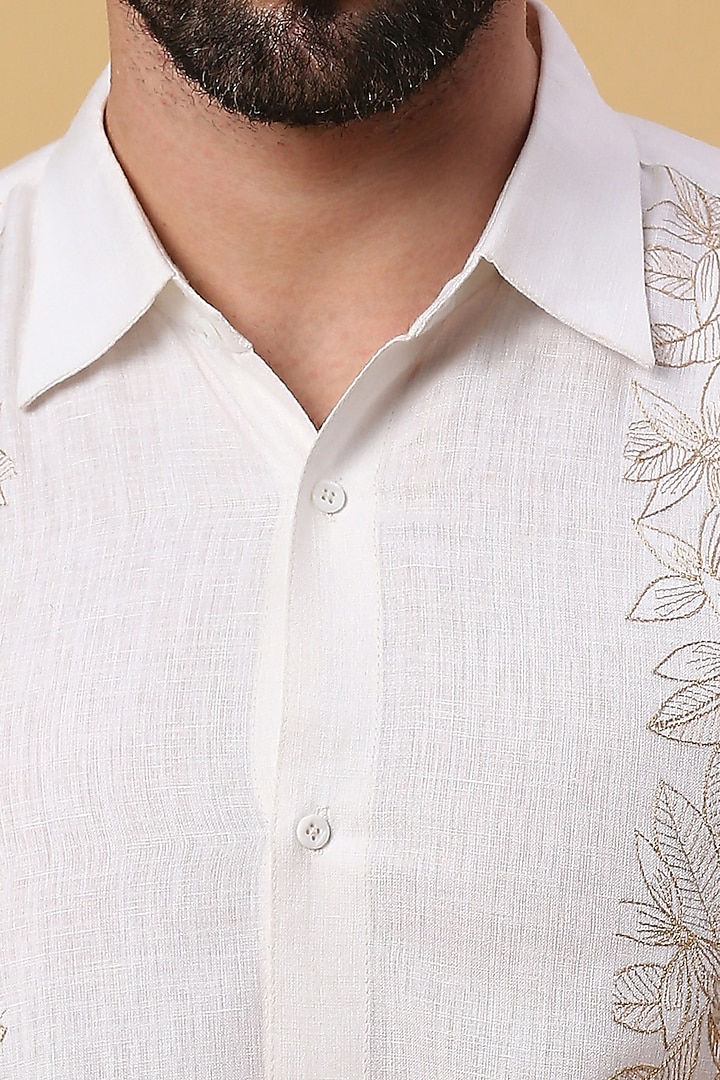 Off-White Linen Floral Embroidered Party Wear Shirt by DMODE at Pernia's Pop Up Shop