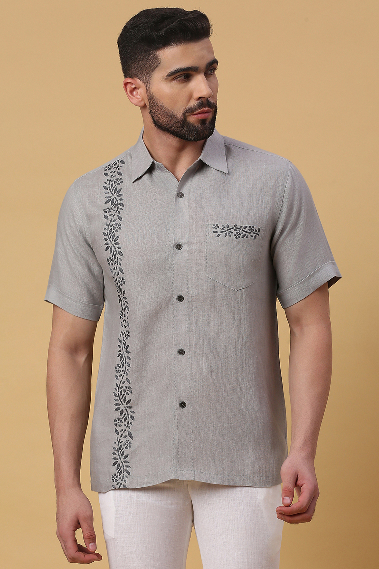Grey Linen Embroidered Shirt by DMODE