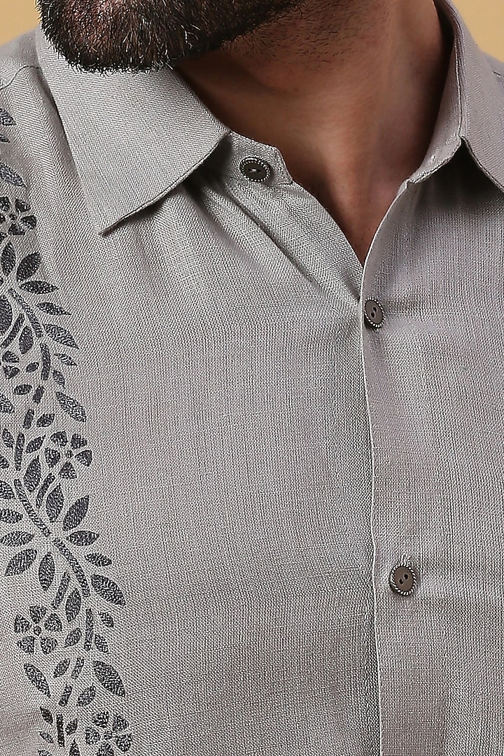 Grey Linen Embroidered Party Wear Shirt by DMODE at Pernia's Pop Up Shop