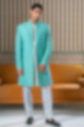 Jade Green Dupion Silk Embroidered Wedding Sherwani Set by DMODE at Pernia's Pop Up Shop