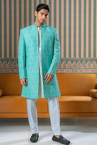 Jade Green Dupion Silk Embroidered Sherwani Set by DMODE