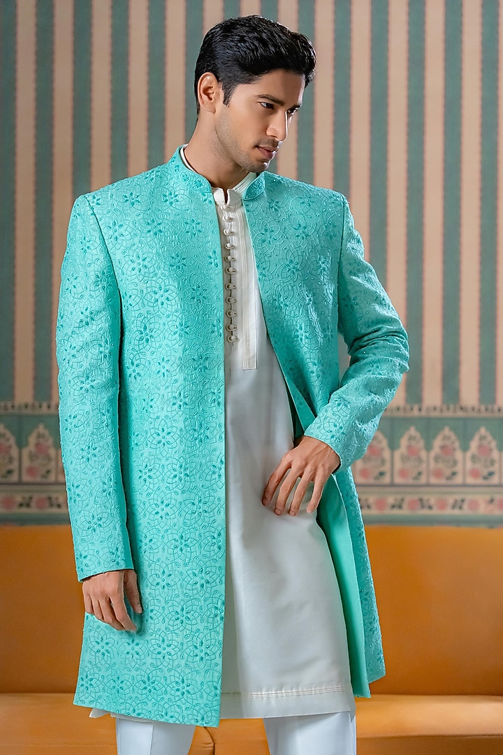Jade Green Dupion Silk Embroidered Wedding Sherwani Set by DMODE at Pernia's Pop Up Shop