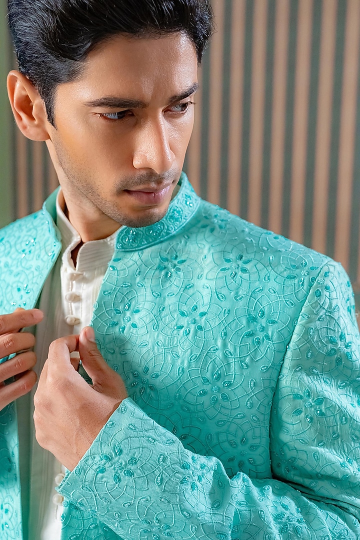 Jade Green Dupion Silk Embroidered Wedding Sherwani Set by DMODE at Pernia's Pop Up Shop