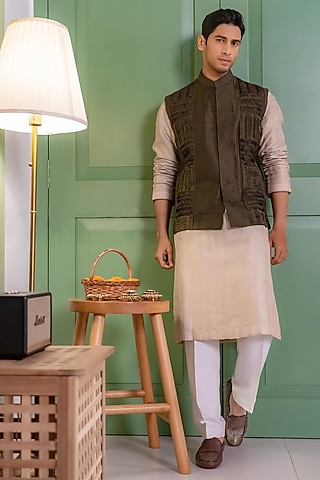 Deep Olive Green Silk Textured Bundi Jacket Set by DMODE