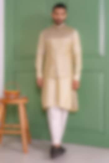 Sage Green Dupion Silk Striped Bundi Jacket Set by DMODE at Pernia's Pop Up Shop