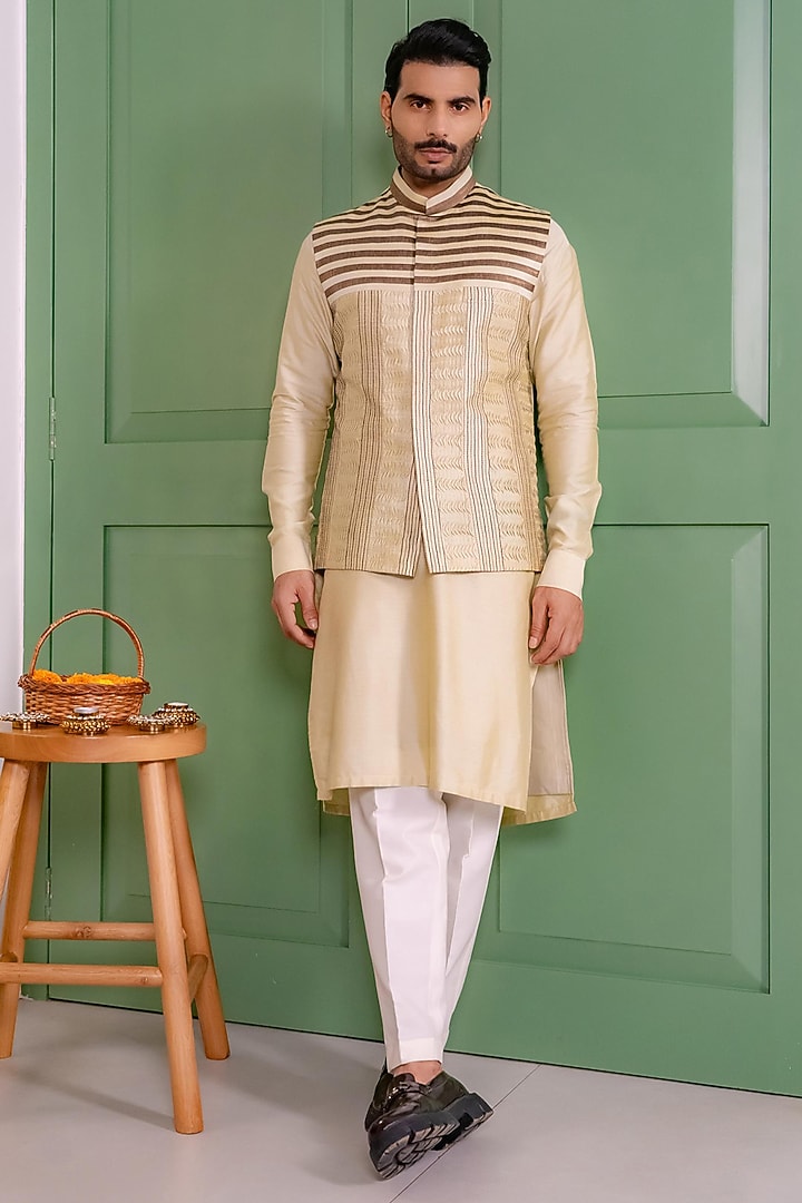 Sage Green Dupion Silk Striped Bundi Jacket Set by DMODE at Pernia's Pop Up Shop