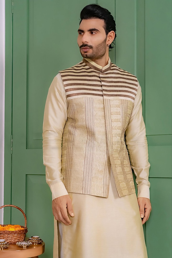 Sage Green Dupion Silk Striped Bundi Jacket Set by DMODE at Pernia's Pop Up Shop