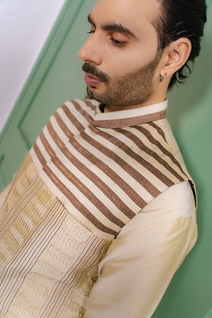 Sage Green Dupion Silk Striped Bundi Jacket Set by DMODE at Pernia's Pop Up Shop