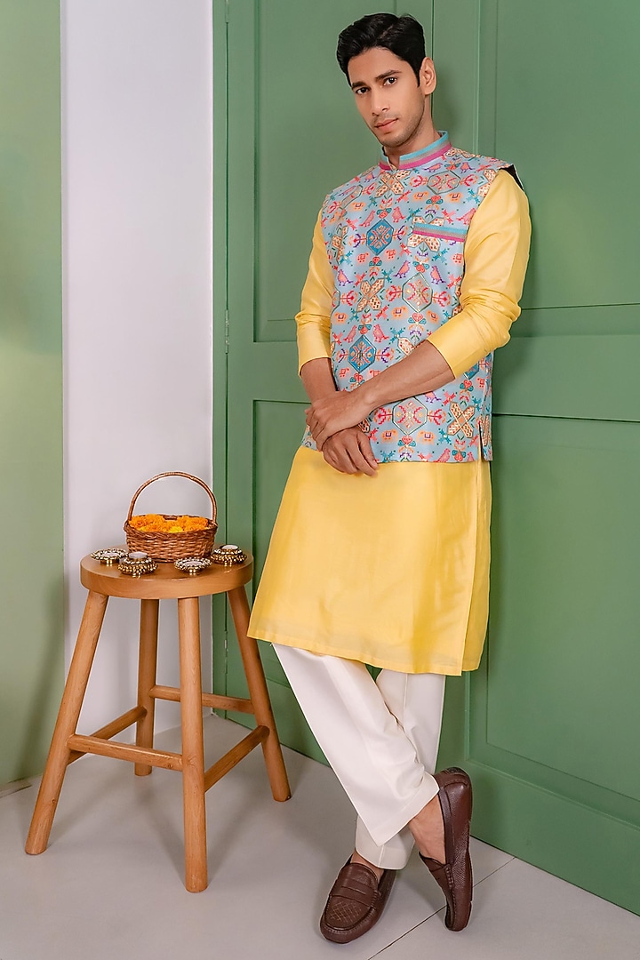 Multi-Colored Silk Digital Printed Bundi Jacket Set by DMODE at Pernia's Pop Up Shop