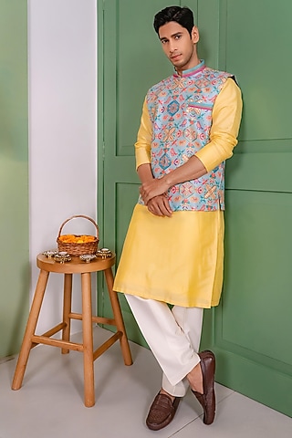 Multi-Colored Silk Digital Printed Bundi Jacket Set by DMODE