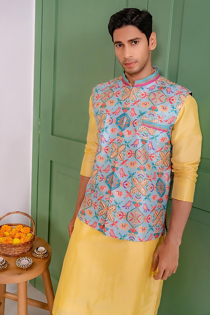 Multi-Colored Silk Digital Printed Bundi Jacket Set by DMODE at Pernia's Pop Up Shop