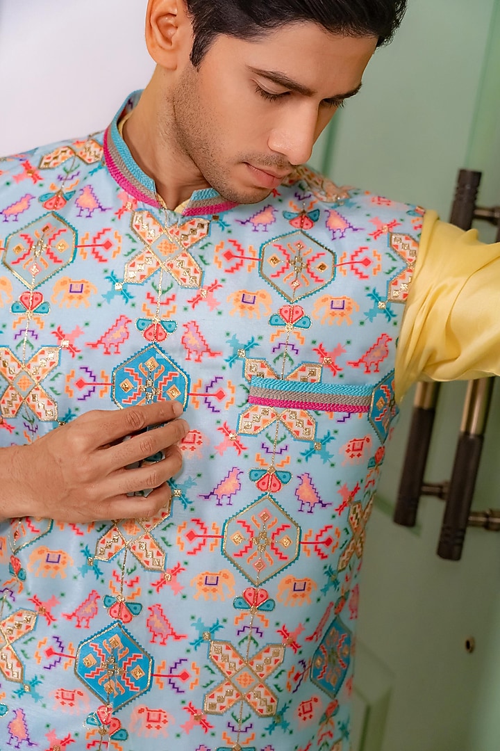 Multi-Colored Silk Digital Printed Bundi Jacket Set by DMODE at Pernia's Pop Up Shop