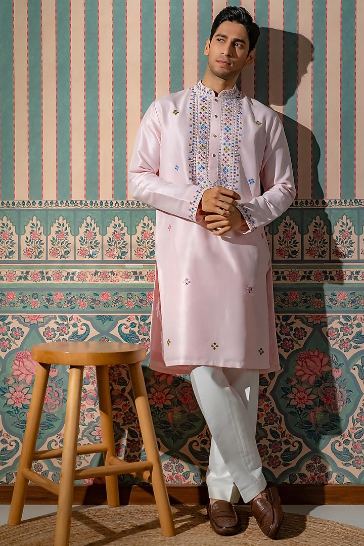 Soft Blush Pink Cotton Silk MIrror Embroidered Kurta Set by DMODE at Pernia's Pop Up Shop