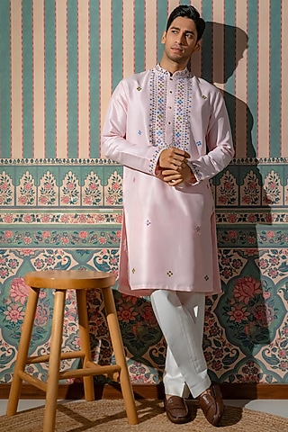 Soft Blush Pink Cotton Silk MIrror Embroidered Kurta Set by DMODE