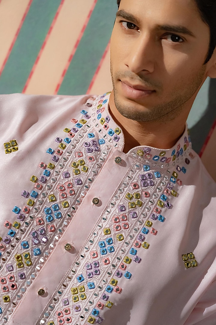 Soft Blush Pink Cotton Silk MIrror Embroidered Kurta Set by DMODE at Pernia's Pop Up Shop