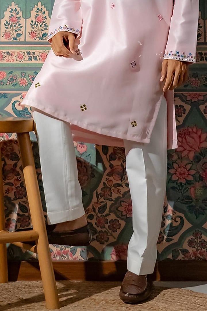 Soft Blush Pink Cotton Silk MIrror Embroidered Kurta Set by DMODE at Pernia's Pop Up Shop