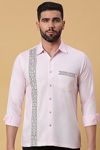 Pink Dobby Fabric Embroidered Shirt by DMODE