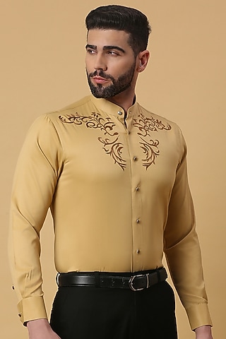 Mustard Shirting Fabric Embroidered Shirt by DMODE
