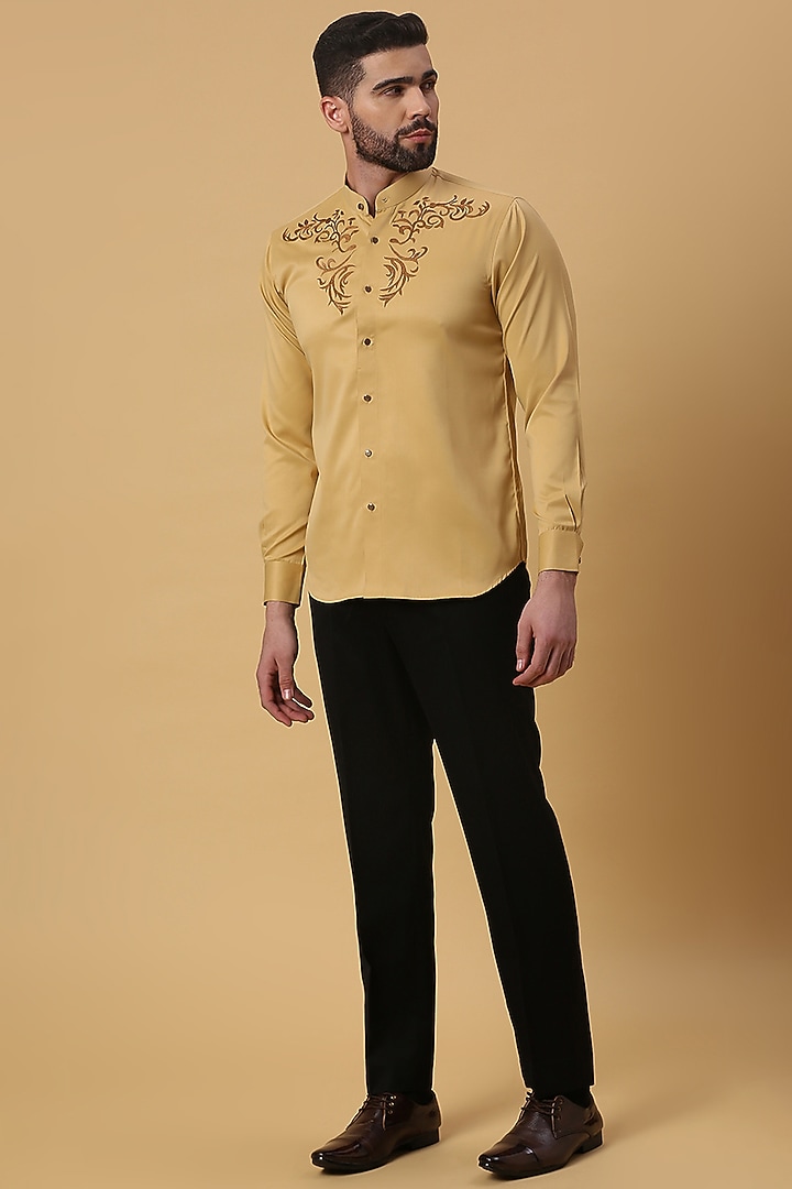 Mustard Party Wear Shirting Fabric Embroidered Party Wear Shirt by DMODE at Pernia's Pop Up Shop