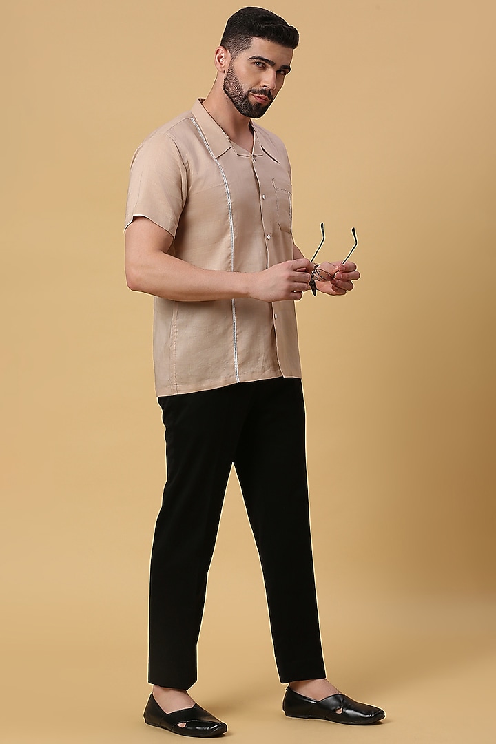 Camel Brown Linen Party Wear Shirt by DMODE at Pernia's Pop Up Shop