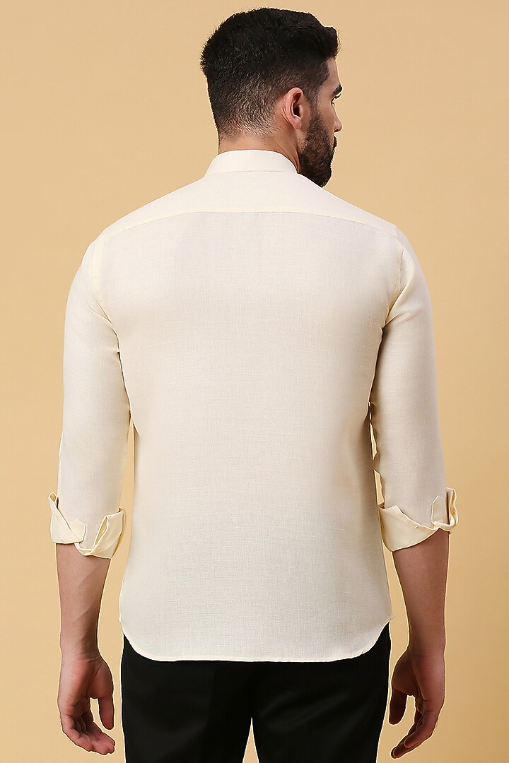 Light Lemon Yellow Linen Party Wear Shirt by DMODE at Pernia's Pop Up Shop